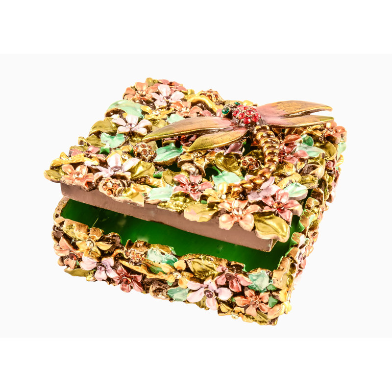Libellule sur boîte à bijoux florale. Émail coloré avec cristaux autrichiens