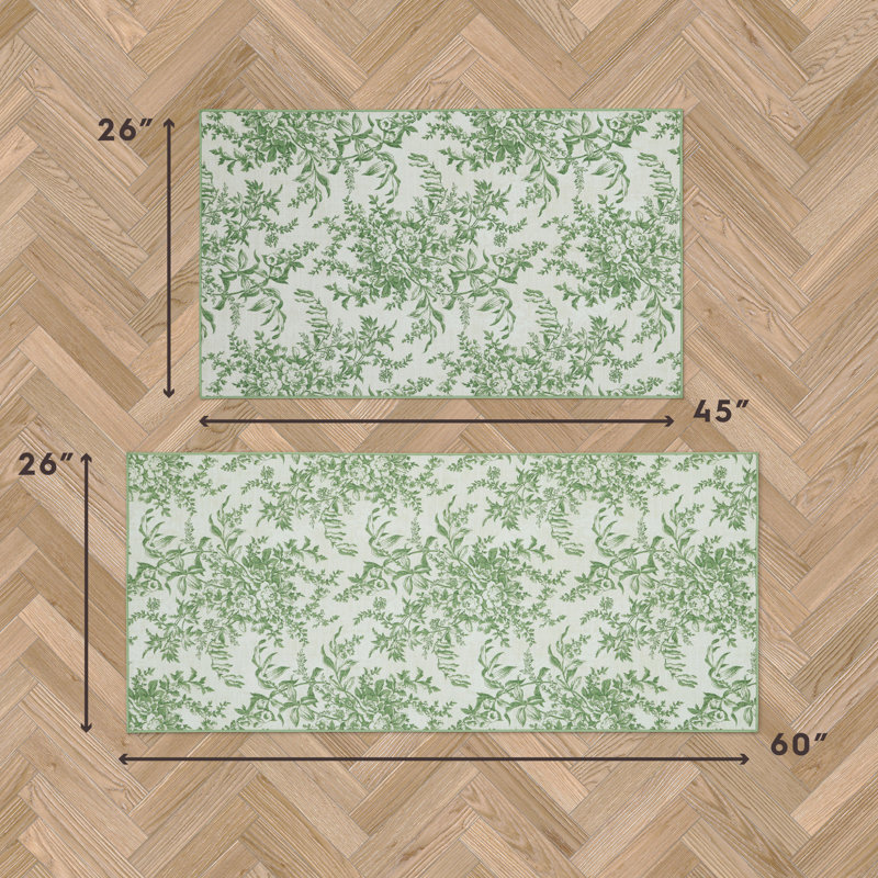 Sage Green and Ivory Floral Chenille Washable Runner Rug Set