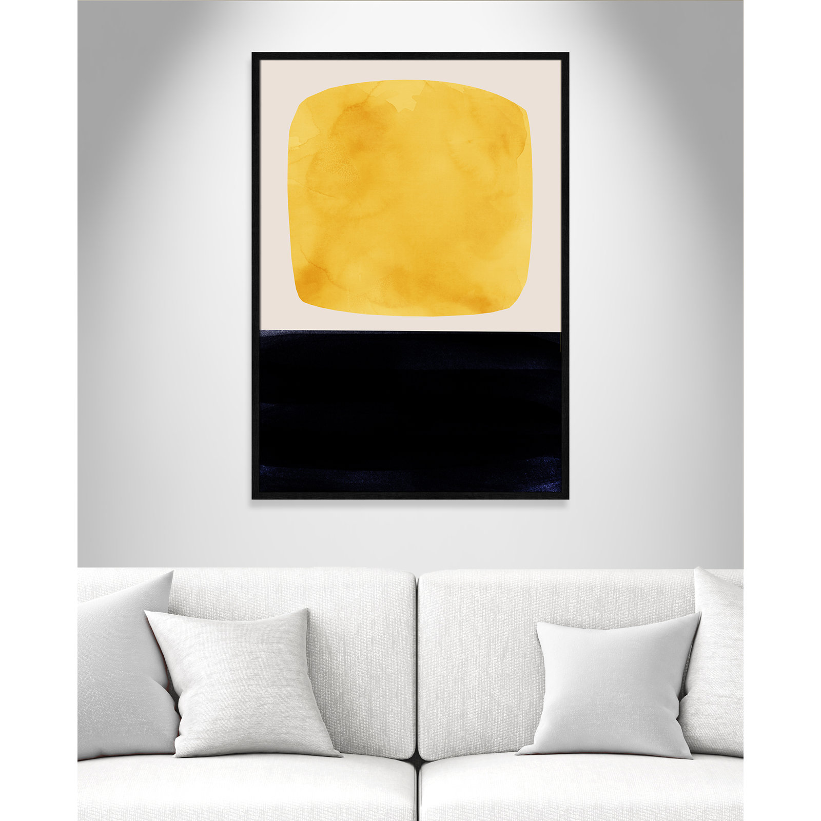 Boxed-Yellow by Aoibhne Hogan, 41.5" H x 29.5" W x 0.75" D, Black Wood Grain Paper