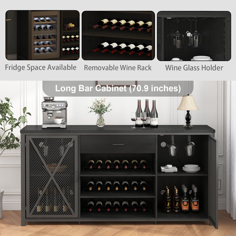 Armoire de bar 70 pouces avec espace réfrigérateur et porte-bouteilles long avec tiroir, armoire à vin en métal rustique avec buffet pour salle à manger
