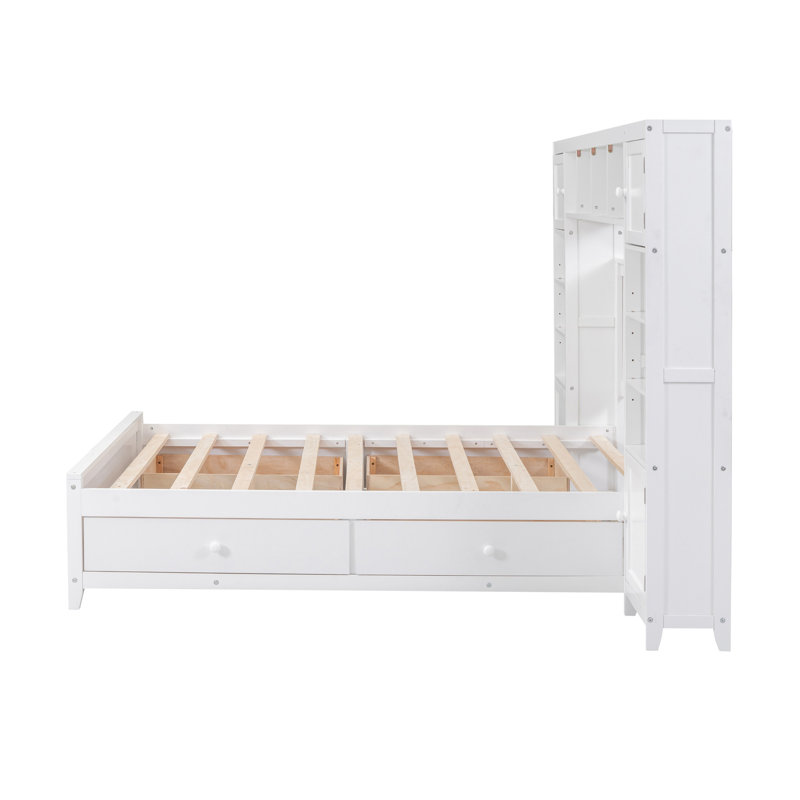 Lit double en bois avec armoire et tablette tout-en-un, blanc, Blanc