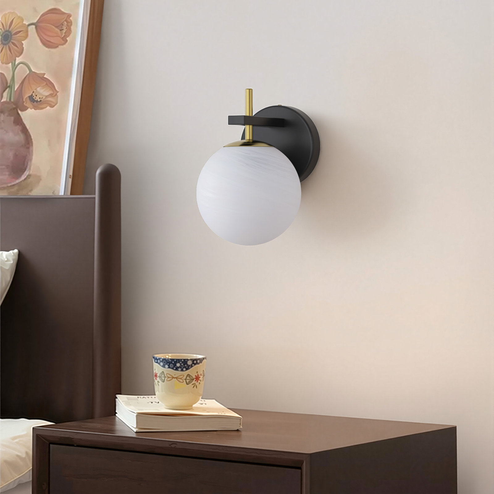Lio 1 - Light Dimmable Iron Etl Bathroom Vanity Light With Round Shape Cloud Glass Shade, Matte Black/ Polished Gold