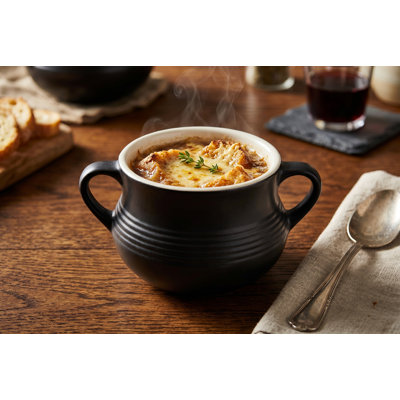 Bol à soupe à oignon noir mat rétro avec poignées - Casserole en céramique allant au four de 575 ml (19,4 oz) pour les soupes, le chili et les ragoûts