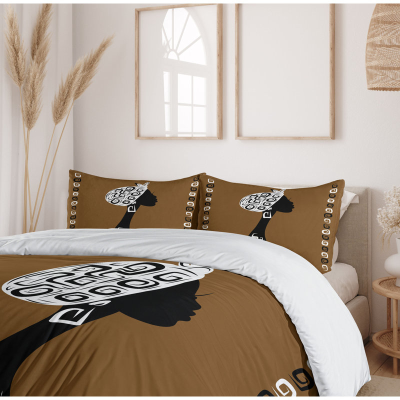 African Woman Silhouette Brown and White Queen Duvet Cover Set