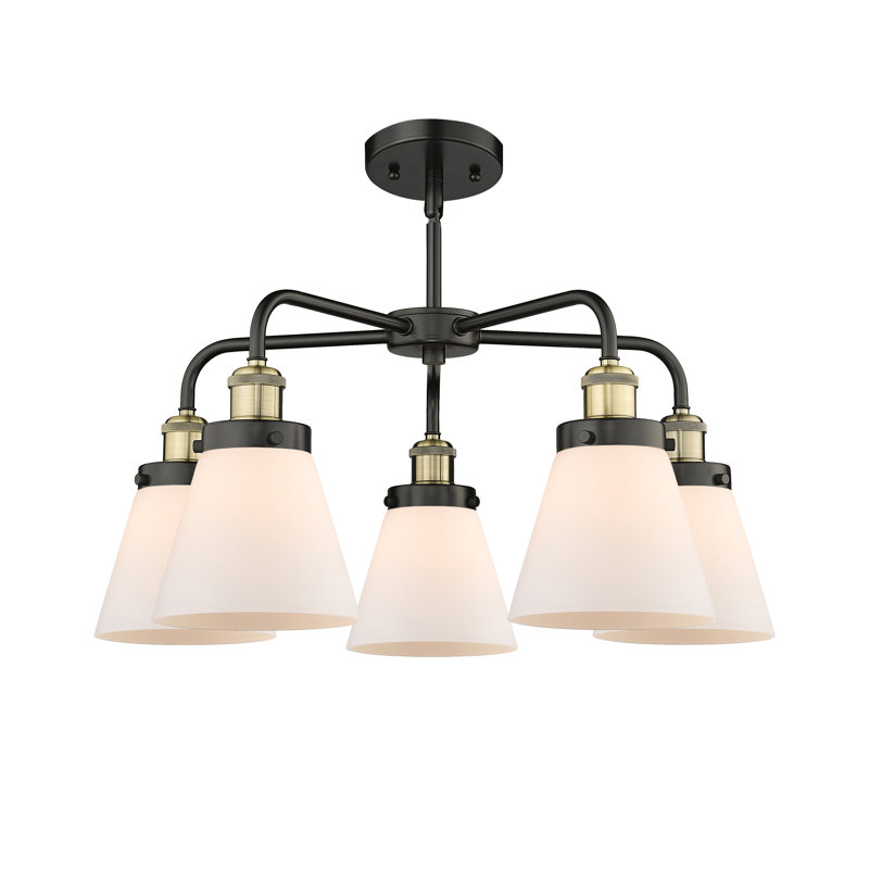Cone 5 Light Stem Hung Chandelier, Matte White, Black Antique Brass
