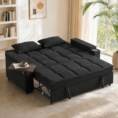 74'' 3-in-1 Convertible Sofa Bed, Pull out Sleeper Sofa with 360° Swivel Side Table, USB, Cup Holder, Storage Armrest