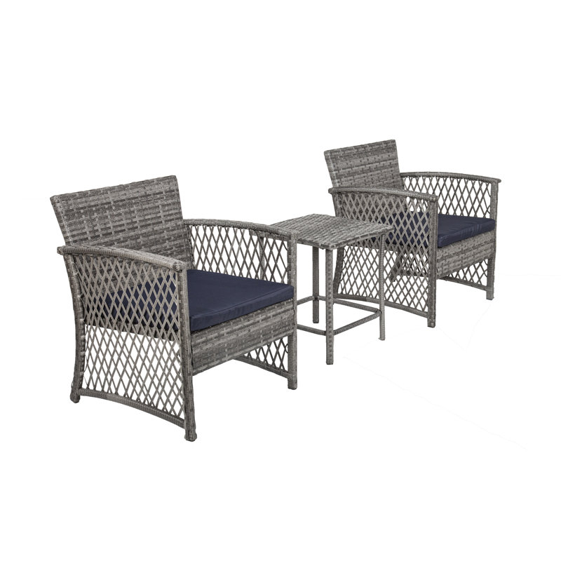 Ensemble de sièges Bella en rotin 3 pièces avec coussins, Bleu marine, Gris