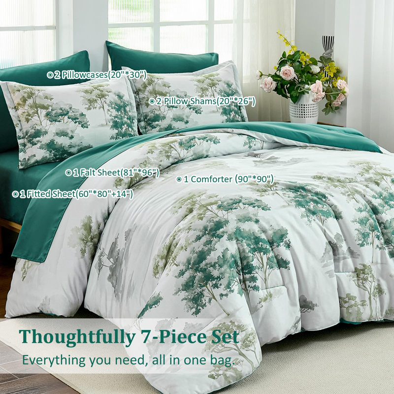 7 Piece Flower Comforter Set Soft Lightweight Microfiber All Season, Queen Comforter + 6 Additional Pieces