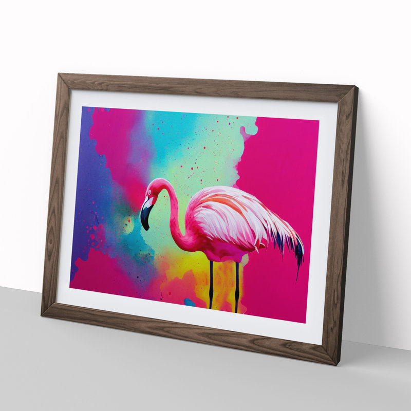 Flamingo Splash Vol.2 Abstract - Single Picture Frame Print, 25cm H x 34cm W x 2cm D, Walnut