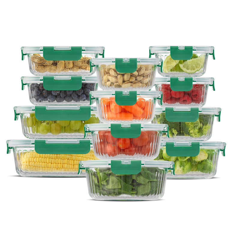 Contenant alimentaire en verre cannelé JoyJolt avec couvercles étanches, ensemble de 12, Vert