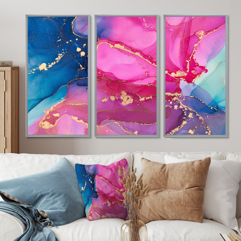 Mauve et rose, art abstrait fluide de luxe - 3 pièces, cadre flottant, impression sur toile, L 48 po x H 32 po, Argent