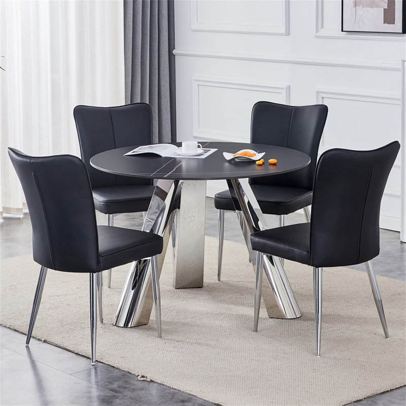 Ensemble de table de salle à manger en pierre frittée de 42 pouces avec ensemble de chaises en polyuréthane poli miroir, Noir