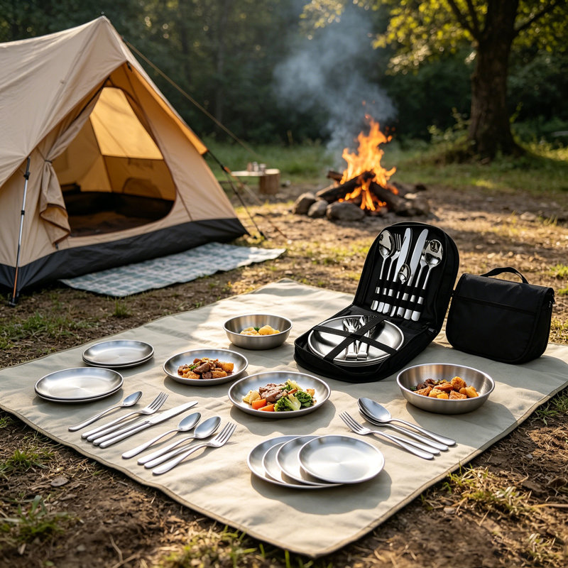 Ensemble de 20 couverts de camping en acier inoxydable, avec sac de rangement portable, pour 4 personnes