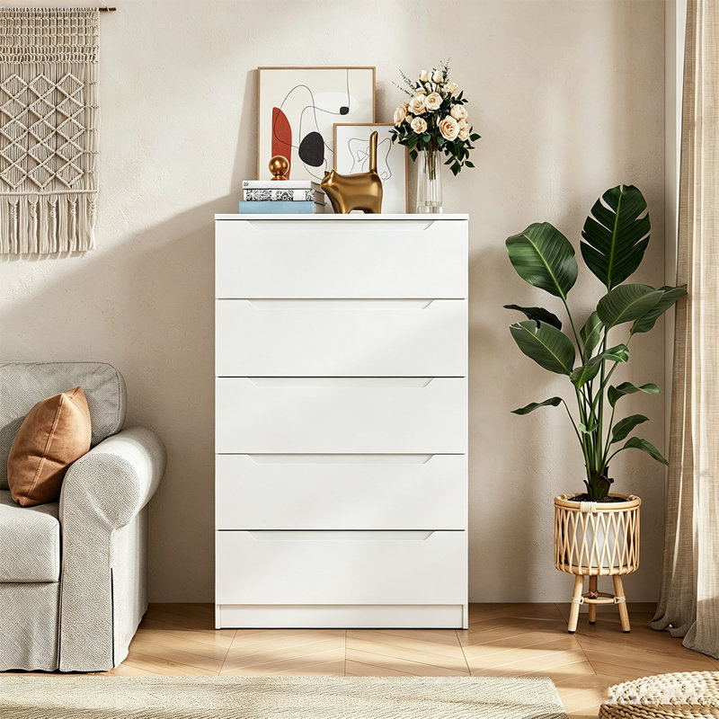 Commode 5 tiroirs blanche, armoire de rangement moderne pour la chambre à coucher, commode en bois pour le salon, Blanc