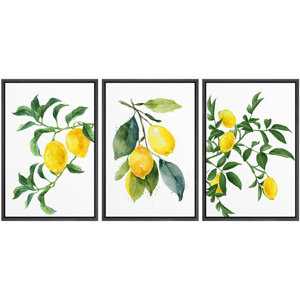 IDEA4WALL Watercolor Lemon Fruits Framed On Canvas 3 Pieces Print | Wayfair