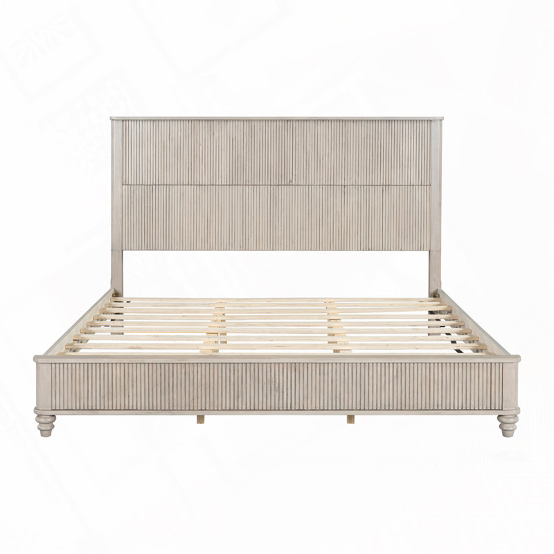 Solid Wood Bed Frame with Tall Headboard, Beige, King