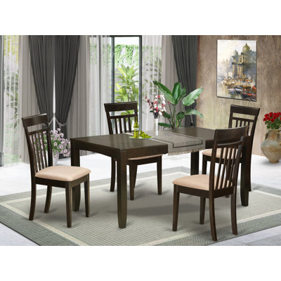 Ensemble de table de salle à manger 5 pièces moderne comprenant une table rectangulaire en bois avec feuille papillon et 4 chaises rembourrées en tissu de lin, 36 x 66 pouces, cappuccino