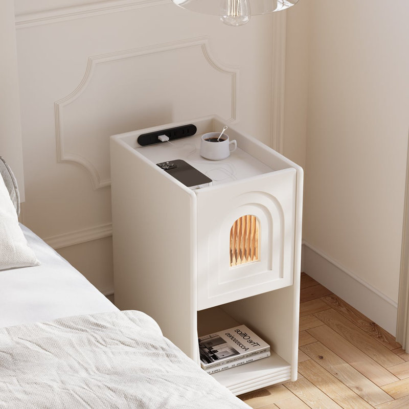 Rustic Narrow Smart Nightstand Cherry Bedside Table With Sensor Light And USB Port, White