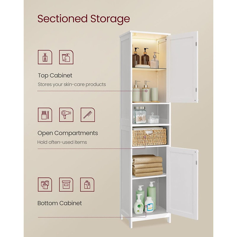 Tall Bathroom Cabinet With Lights – Cloud White – Slim Freestanding Bathroom Storage Cabinet With Adjustable Shelves, Modern Design For Small Spaces