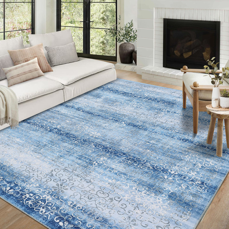 Machine Washable Rugs Ombre Design Non-Slip Low Pile Rubber Backing Modern Floral Area Rug for Living Room Bedroom Kitchen Dining Room and Bedside Decor