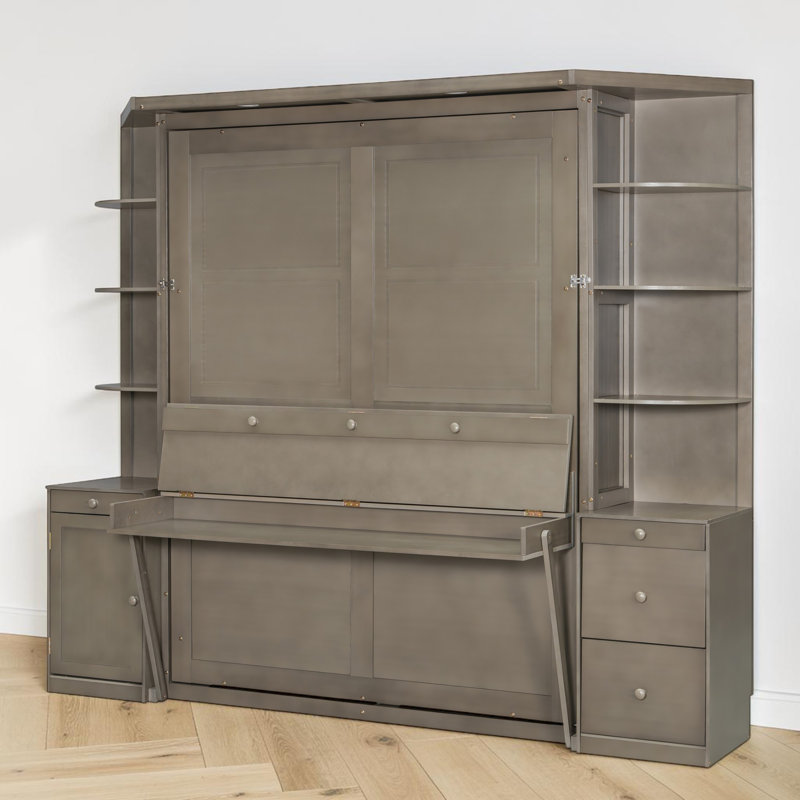 Grand lit escamotable, bureau intégré et poste de travail rabattable, tablettes et armoires de rangement, pièce contemporaine et multifonctionnelle
