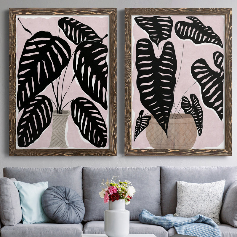 Plante en pot I - ensemble de 2 peintures sur toile encadrées, H 20 po x l 34 po x P 1,5 po, Cadre noyer