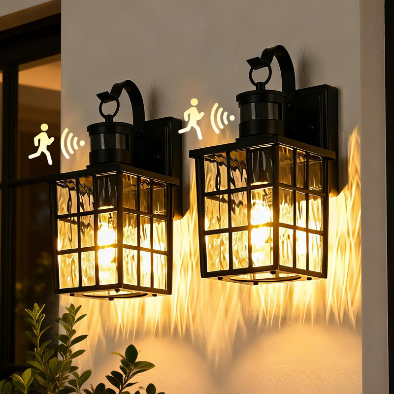 12 In. Matte Black 1-Light Motion Sensing Outdoor Wall Sconce With Dusk To Dawn And Water Wave Glass Shade(Set Of 2)