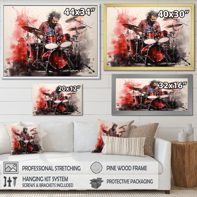Deep Red Drum Beat, peinture II - musique, art mural, Cadre flottant doré, H 16 po x l 32 po x P 1 po