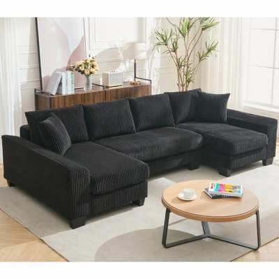 114" U-Shaped Corduroy Sleeper Sofa with Pull-Out Bed & Adjustable Backrest – Oversized Convertible Sofa Bed in Black
