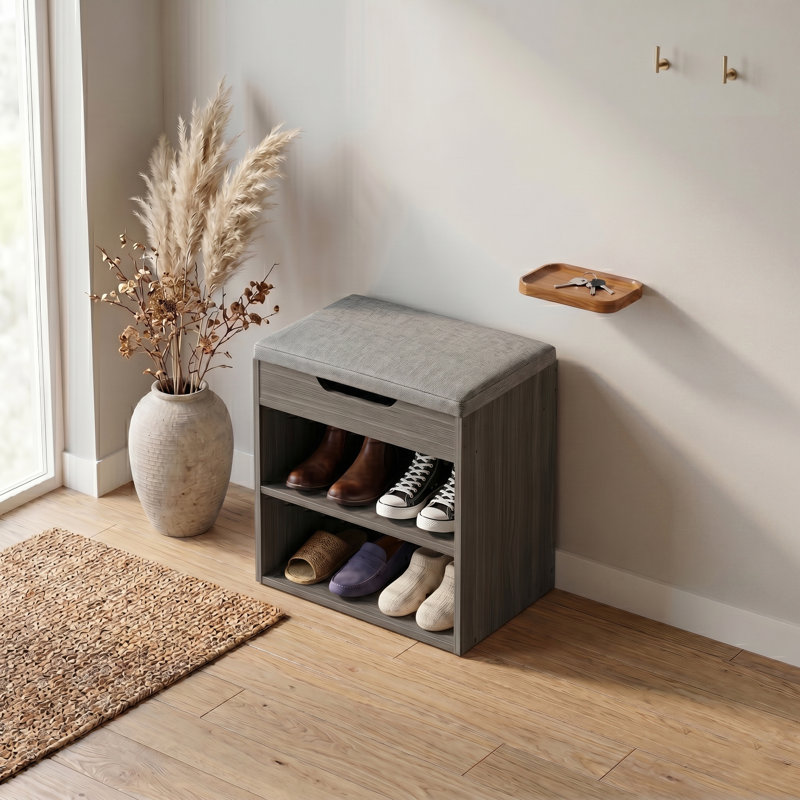 Banc de rangement rembourré pour chaussures avec armoire à 2 niveaux, Couleur bois naturel