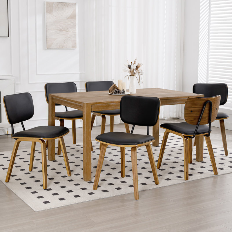 Faux Leather Upholstered Side Chair Dining Chair And Walnut Wood Finish, 6, Black
