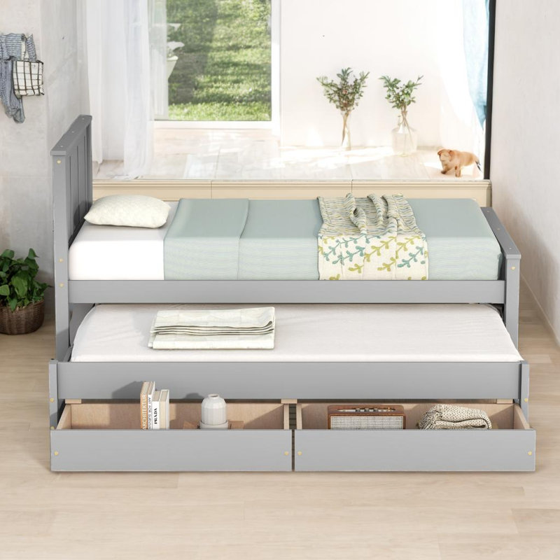 Lit plateforme moderne avec lit gigogne et tiroirs Modern, Gris