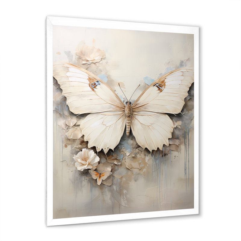 Minimalisme, papillon beige - art mural papillon, H 20 po x l 12 po x P 1 po, Cadre simple blanc