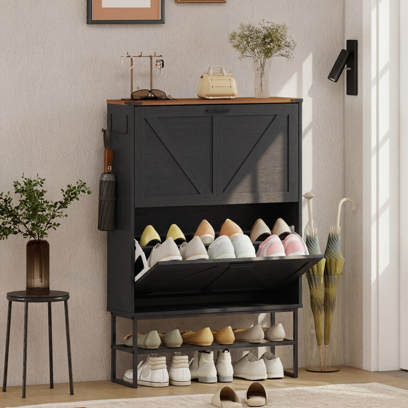 Armoire à chaussures étroite avec 2 tiroirs rabattables, Noir