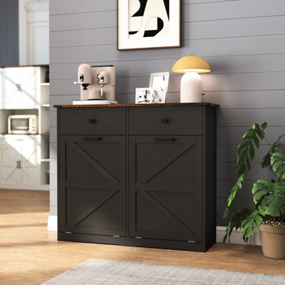 Space Hidden Trash Cabinet With Barn Door, Fits 2x10 Gallon Cans, And Easy To Clean, Smooth Hinges Double Tilt Out Cabinet, Holds Elegant Material