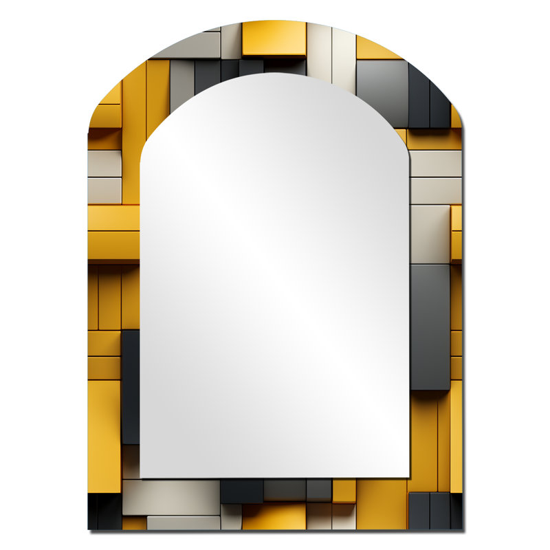 Harmonie de blocs géométriques jaunes et gris - miroir décoratif géométrique asymétrique, grand miroir à arche jaune, impression sur métal