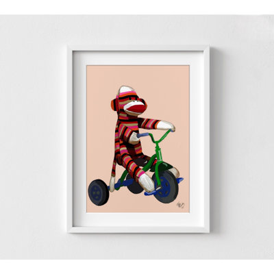 Adorable affiche de singe chaussette rouge, reproduction encadrée d'un animal mignon, œuvre de singe chaussette, art mural de salle de jeu pour enfants tricycle