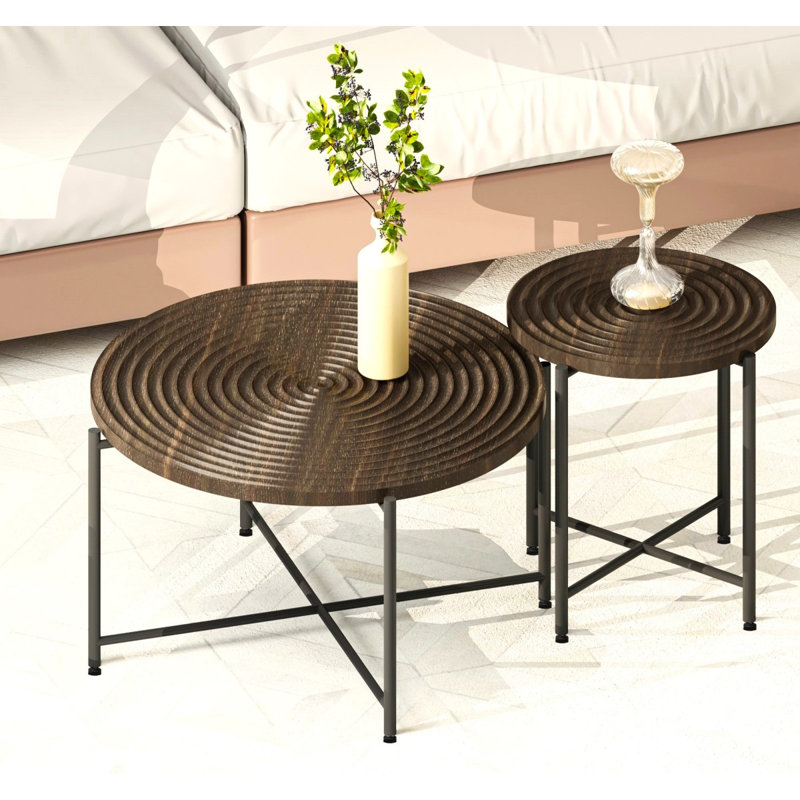 Ensemble de 2 tables basses et tables de bout - Panneau de fibres à densité moyenne imperméable avec revêtement en PVC, conception cylindrique vieillie, pieds en métal noir - charme rustique classique, noyer foncé