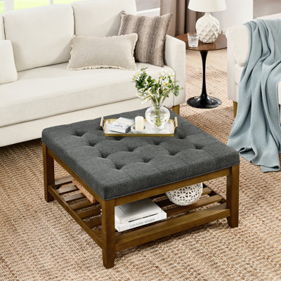 Lin avec base en bois de hêtre et tablette au design élégant gris foncé, grand repose-pieds carré pour le salon