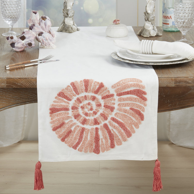 Chemin de table rose en coton à spirale brodé rose avec pampille l 16 po x L 72 po