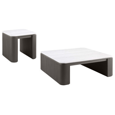 Haroutyun 2-Piece Marble-Top Table Set with Square Coffee Table and End Table, Charcoal