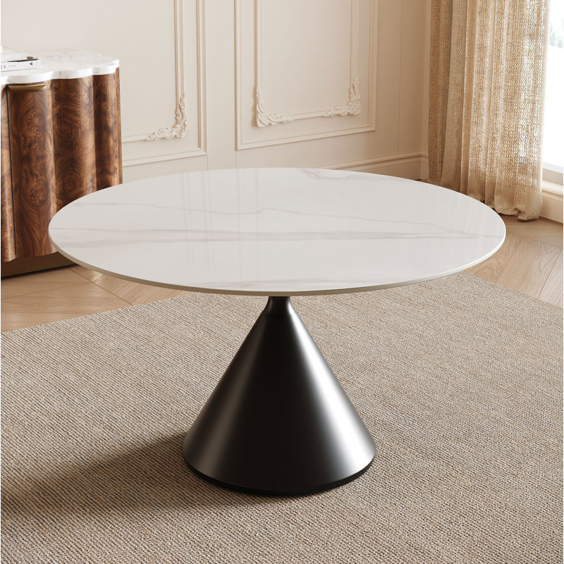 45.2" Sintered Stone Round Dining Table For 4-6, White Marble, Black