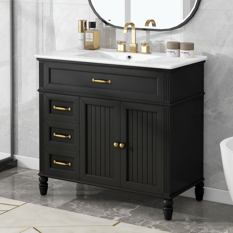 Meuble-lavabo avec lavabo et armoire avec tiroirs, Black