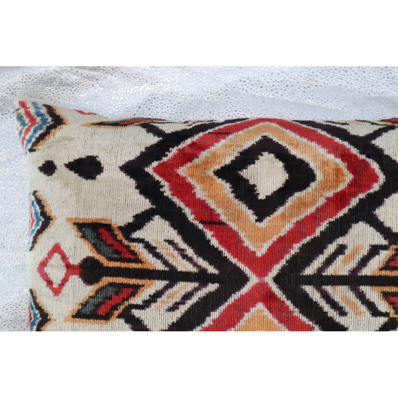Velvet Lumbar Pillow Cover & Insert, Red/Orange/Beige Geometric 1