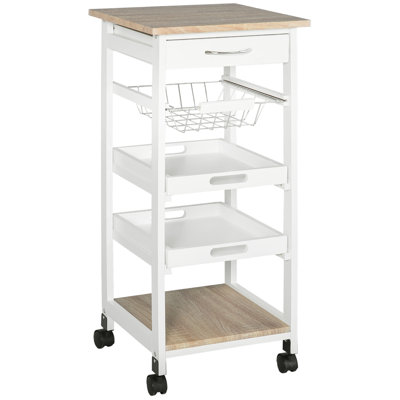 Mobile Kitchen Cart, Rolling Kitchen Island With Storage, Solid Wood Frame Utility Cart With Wire Fruit Baskets, Trays And Drawer, White