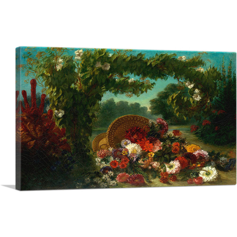 «Basket Of Flowers» par Eugene Delacroix - peinture sur toile tendue, H 18 po x l 26 po x P 0,75 po