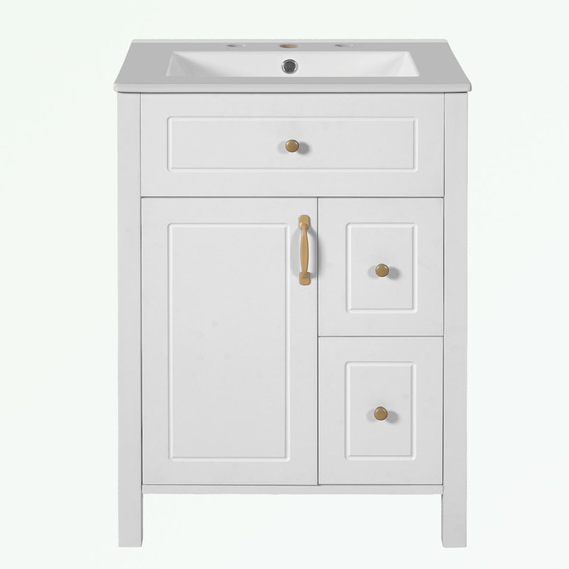 Bathroom Vanity with Ceramic Sink, two Drawers and Storage Racks on the Door, White