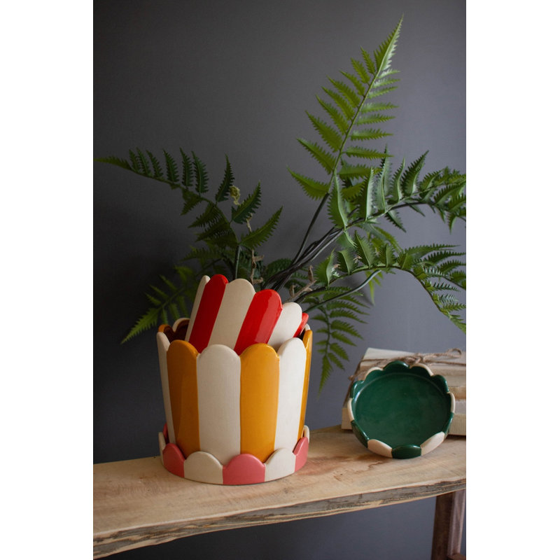  Ensemble de 2 pots à fleurs rayés en céramique avec plateaux 7 po H