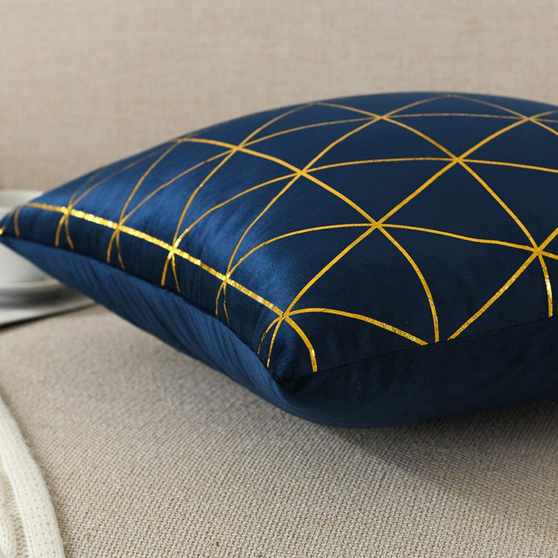 Soft Geometric Gold Printed Square Throw Pillow Cover, Dark Blue Geometric, 24"H x 24"W