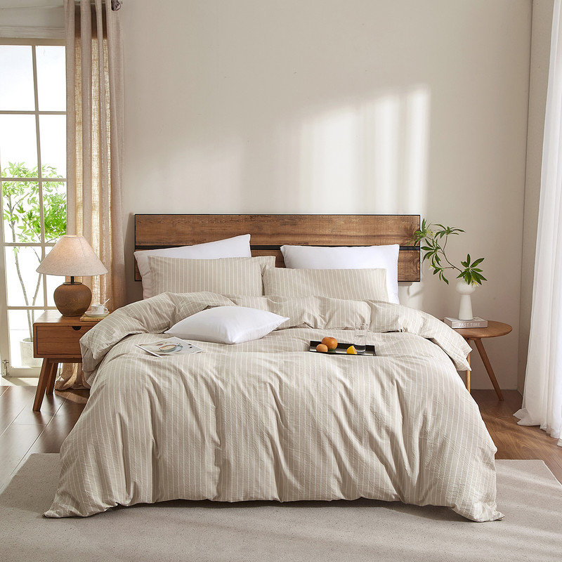LIFETOWN Striped Duvet Cover Set 100% Washed Cotton Linen Like Bedding Set, Queen Duvet Cover + 2 Pillowcases, Beige/White